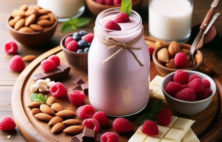 Delicioso Smoothie com pasta de castanha de caju com chocolate branco e framboesas