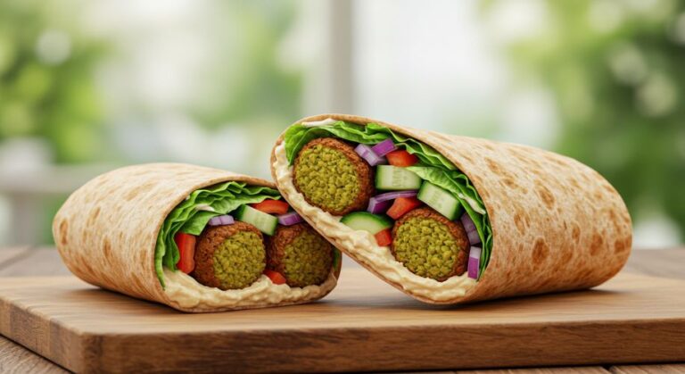 Procurando uma opção de almoço leve, nutritiva e super prática? Experimente este wrap de homus falafel e salada! É uma opção perfeita