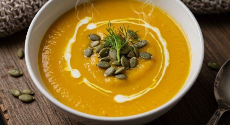 Sopa Cremosa de Abóbora com Erva Doce. Essa combinação inusitada vai te surpreender! A doçura da abóbora se harmoniza com a erva doce