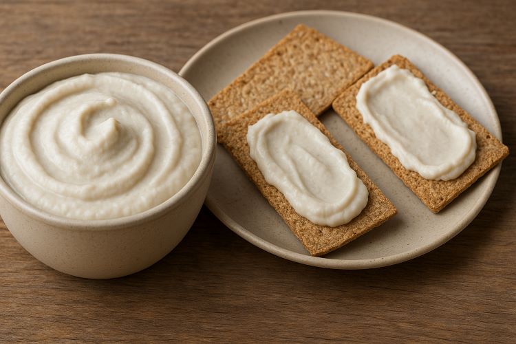 alternativa saudável, sem lactose e super cremosa para passar no pão ou acompanhar torradas e crackers, o requeijão de inhame vegano