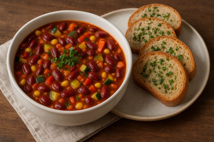 Receita de Chili Vegetariano Saudável com Pão de Alho Nutritivo. Benefícios da Segunda-feira Sem Carne para a Saúde e o Meio Ambiente