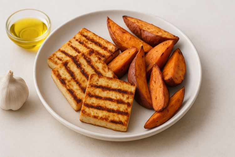 Receita saudável e vegana: aprenda a fazer Tofu Grelhado com Batata-Doce, prato leve, nutritivo e rico em proteína vegetal.