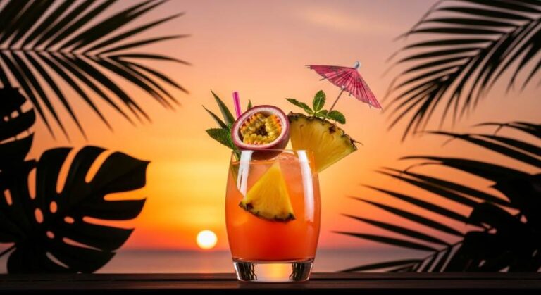 O Sunset Tropical Cooler é uma bebida vibrante e refrescante que combina o frescor do abacaxi, a acidez marcante do maracujá e a leveza