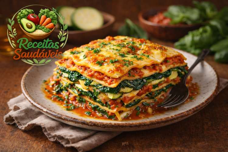 Lasanha vegana saudável com espinafre, abobrinha e molho de tomate caseiro. Receita fácil, nutritiva e perfeita para o dia a dia.