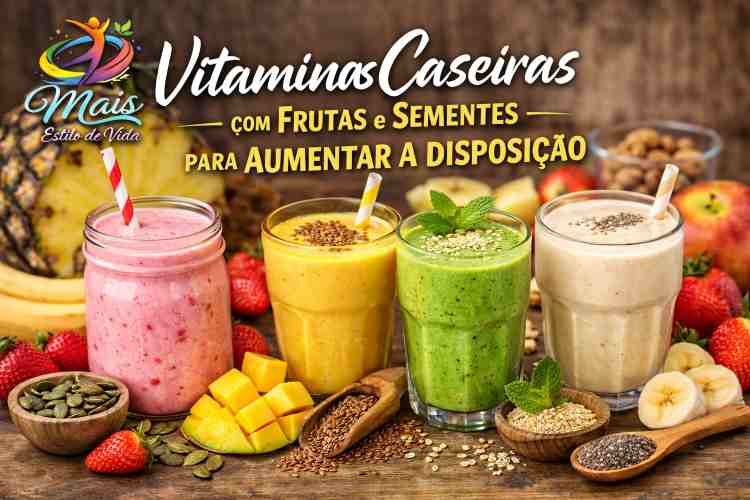 Vitaminas caseiras com frutas e sementes para aumentar a disposição naturalmente. nutritivas e ideais para mais energia no dia a dia.