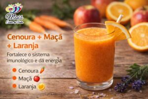 Suco Natural Cenoura + Maçã + Laranja. Combinar frutas e vegetais pode ser uma forma simples e eficaz de reforçar a saúde no dia a dia.