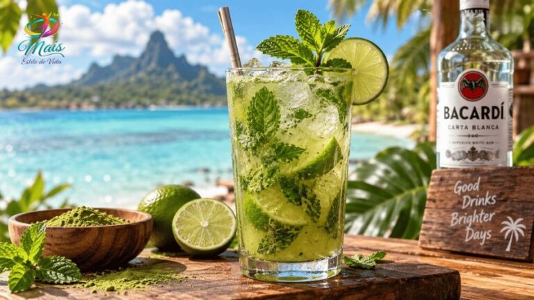 Mojito tropical com matcha, hortelã, limão e rum. Bebida vibrante, antioxidante e surpreendentemente refrescante.