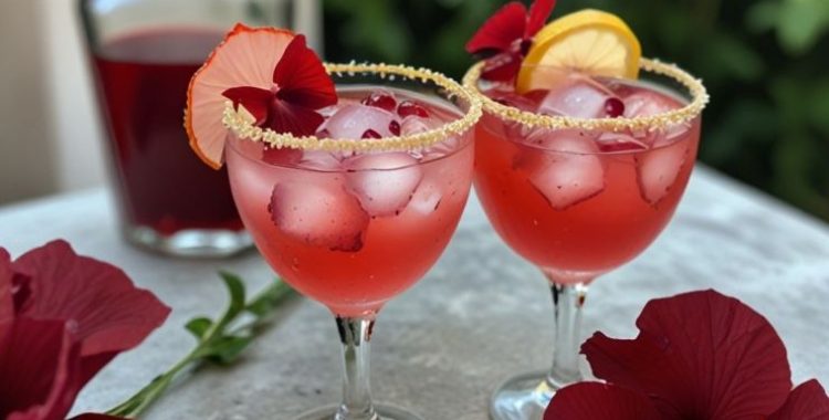 Drink Jardim Secreto exótico e sofisticado que combina gin com hibisco, licor de flor de sabugueiro, suco de lichia e um toque de lavanda.