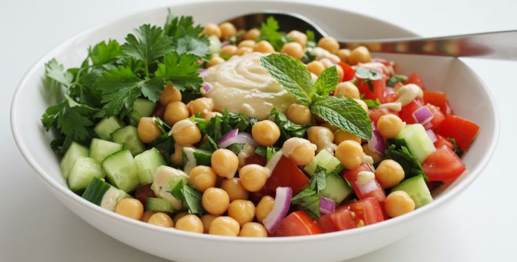 Salada de Grão-de-Bico com Molho de Tahine e Ervas Frescas: Uma Refeição Completa e Refrescante. Acompanhe em nosso site