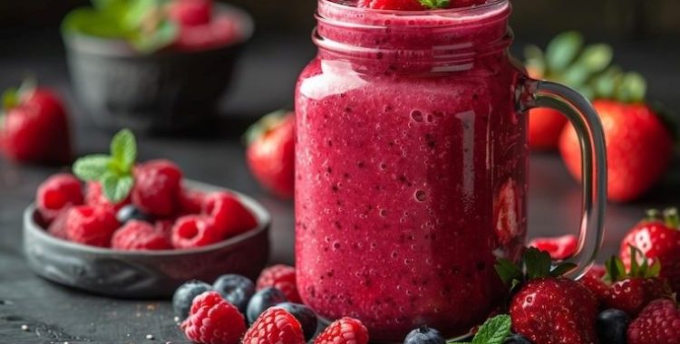 smoothie de frutas vermelhas e iogurte é uma opção refrescante e saudável para um lanche rápido