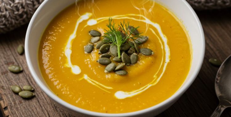 Sopa Cremosa de Abóbora com Erva Doce. Essa combinação inusitada vai te surpreender! A doçura da abóbora se harmoniza com a erva doce